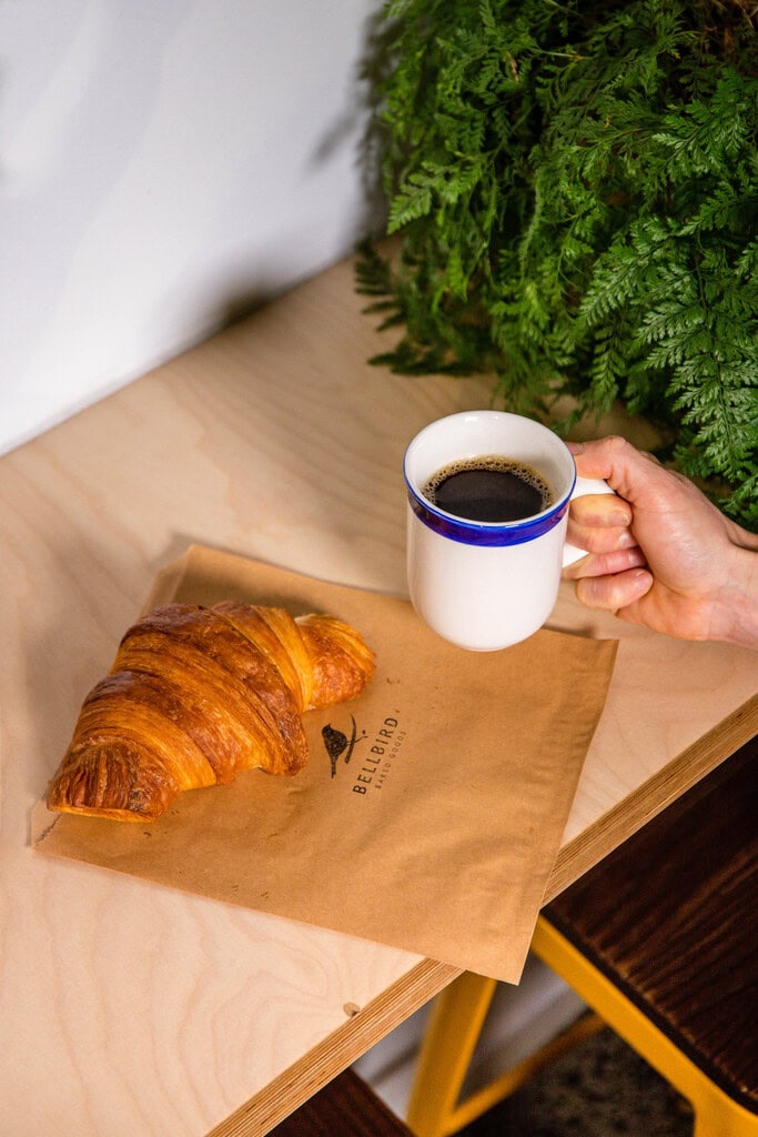 Filter Coffee and croissant at Bellbird Bakery Tannery