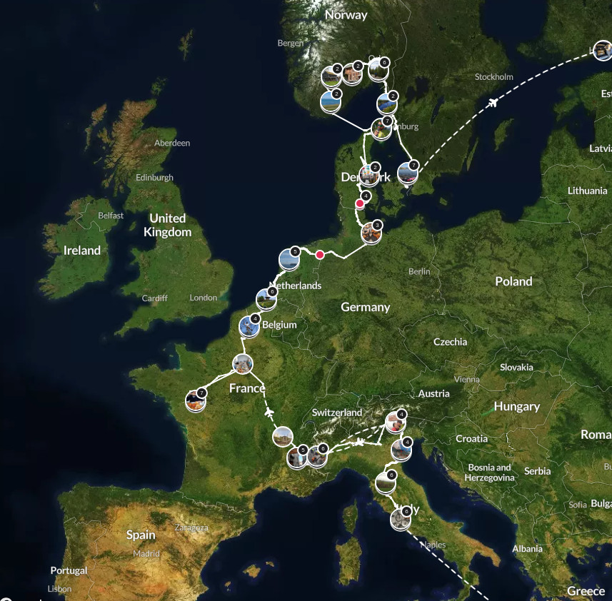 Map Alice and Jeremy's cycling trip through Europe 2023