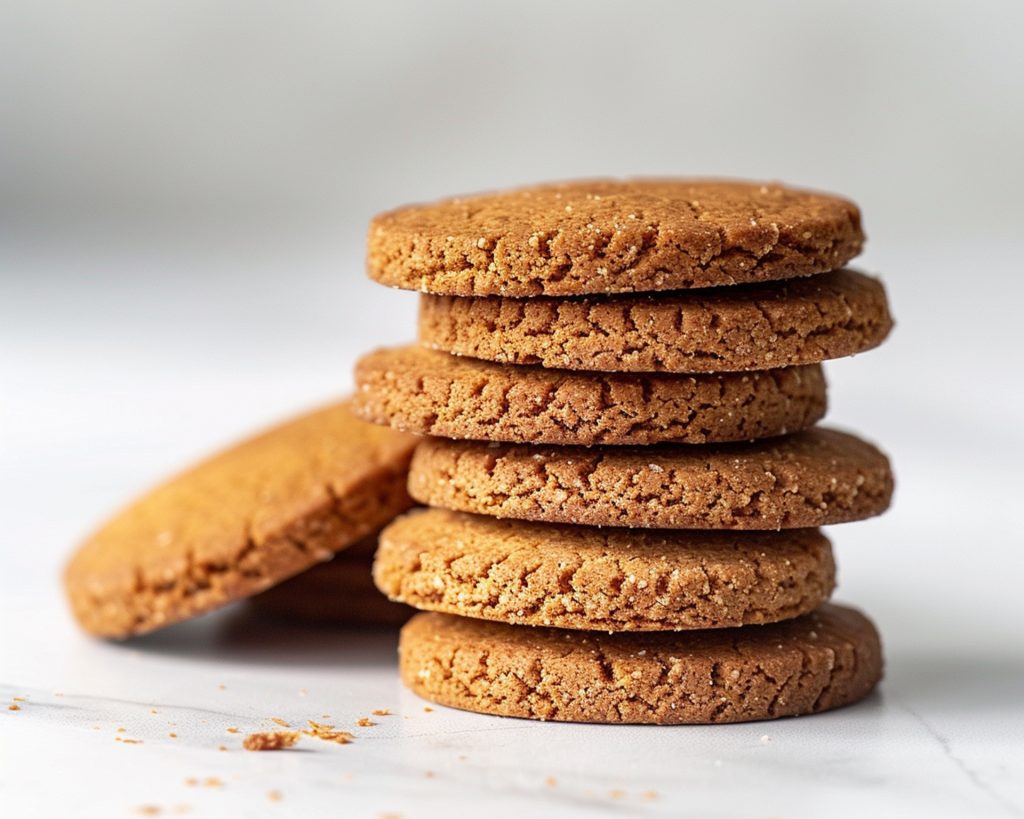 Stack of gingernut cookies on a white surface