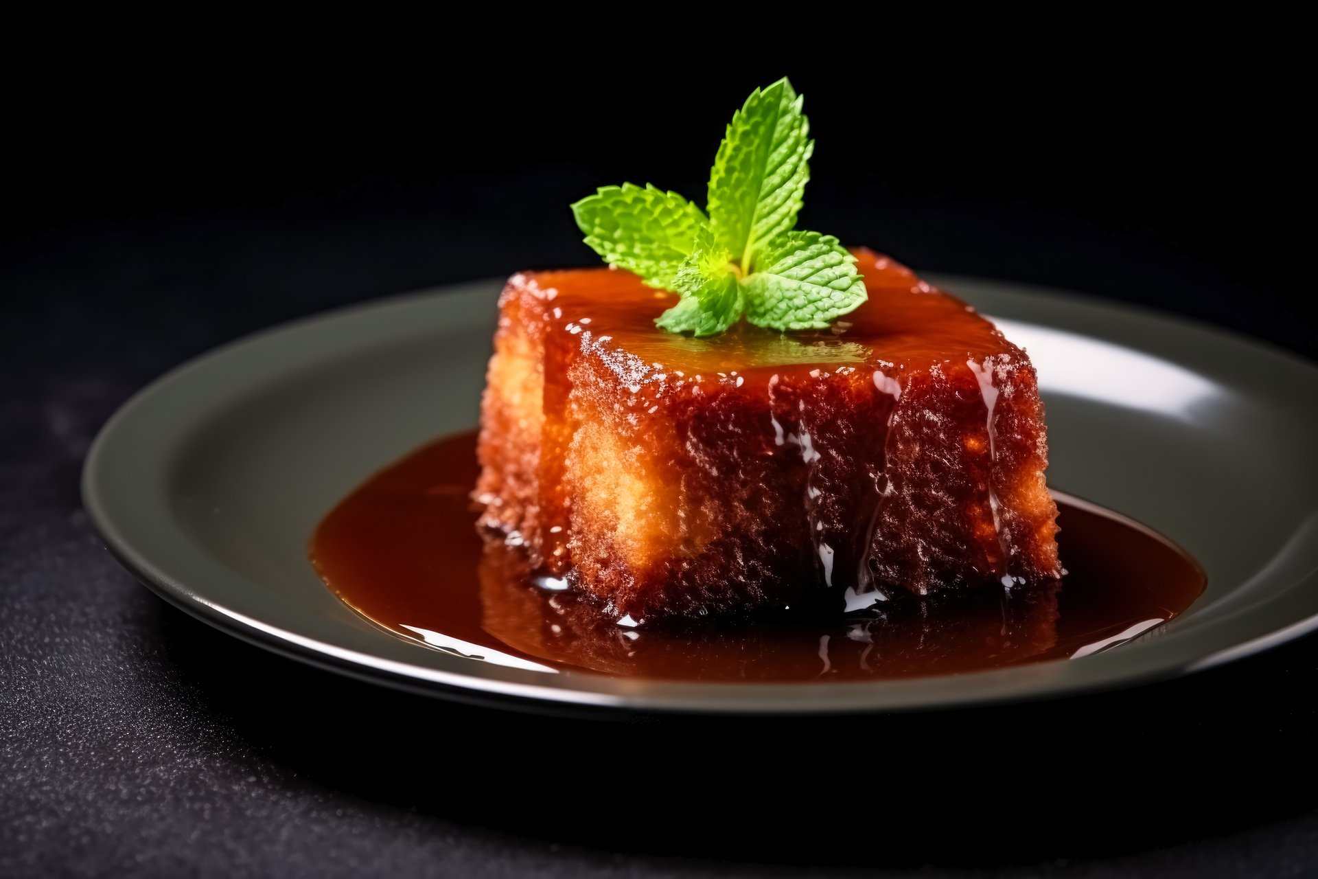 Piece of Malva pudding from South Africa on a grey plate on black background