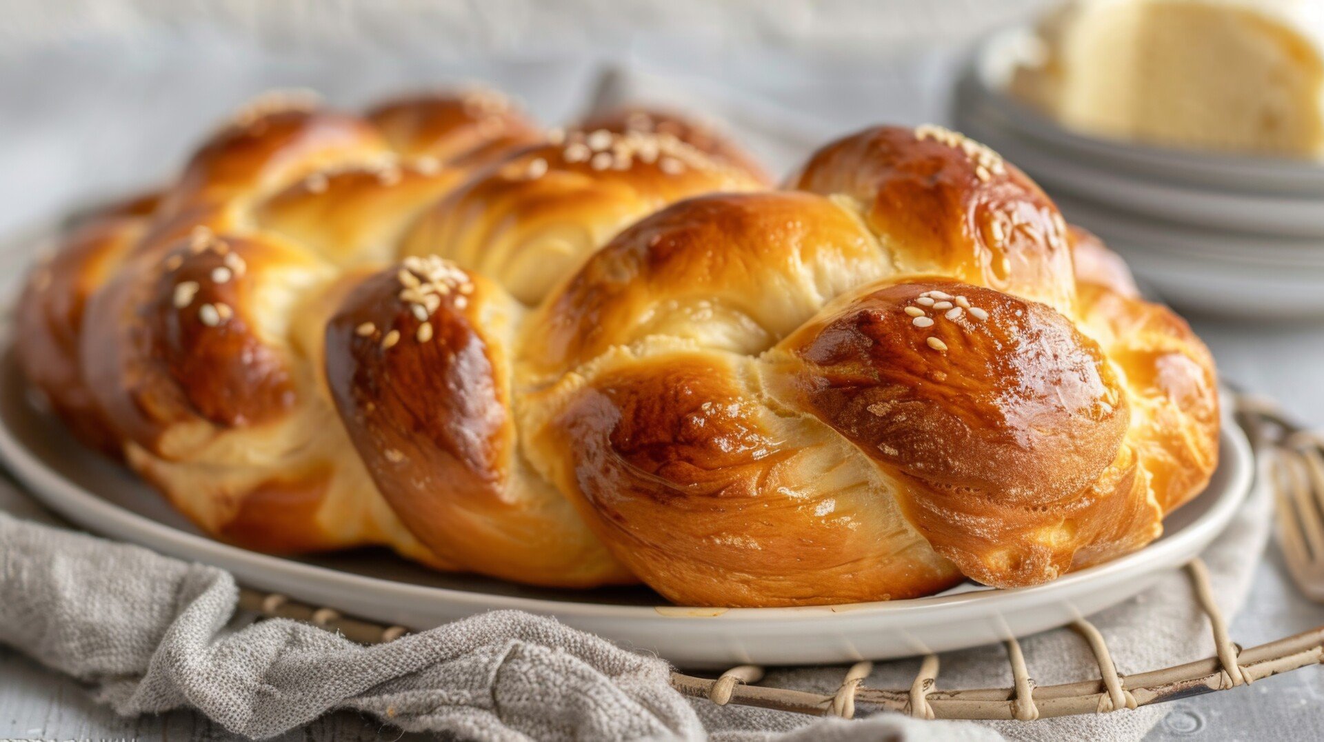 Golden braided brioche on a rustic dish