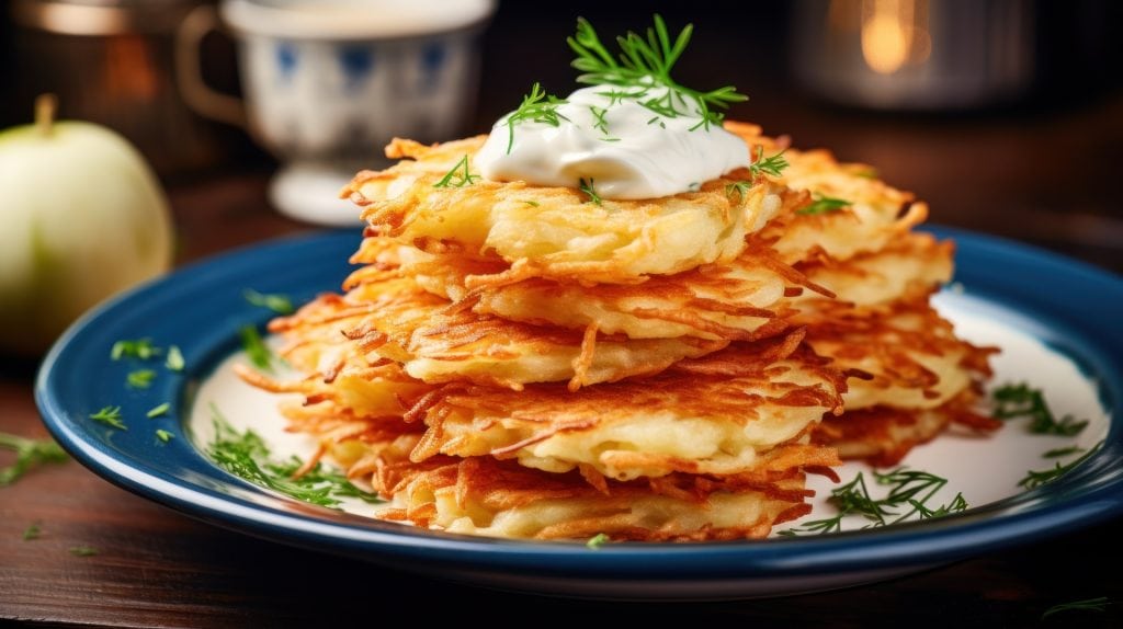 Latkes with sour cream and applesauce on blue plate