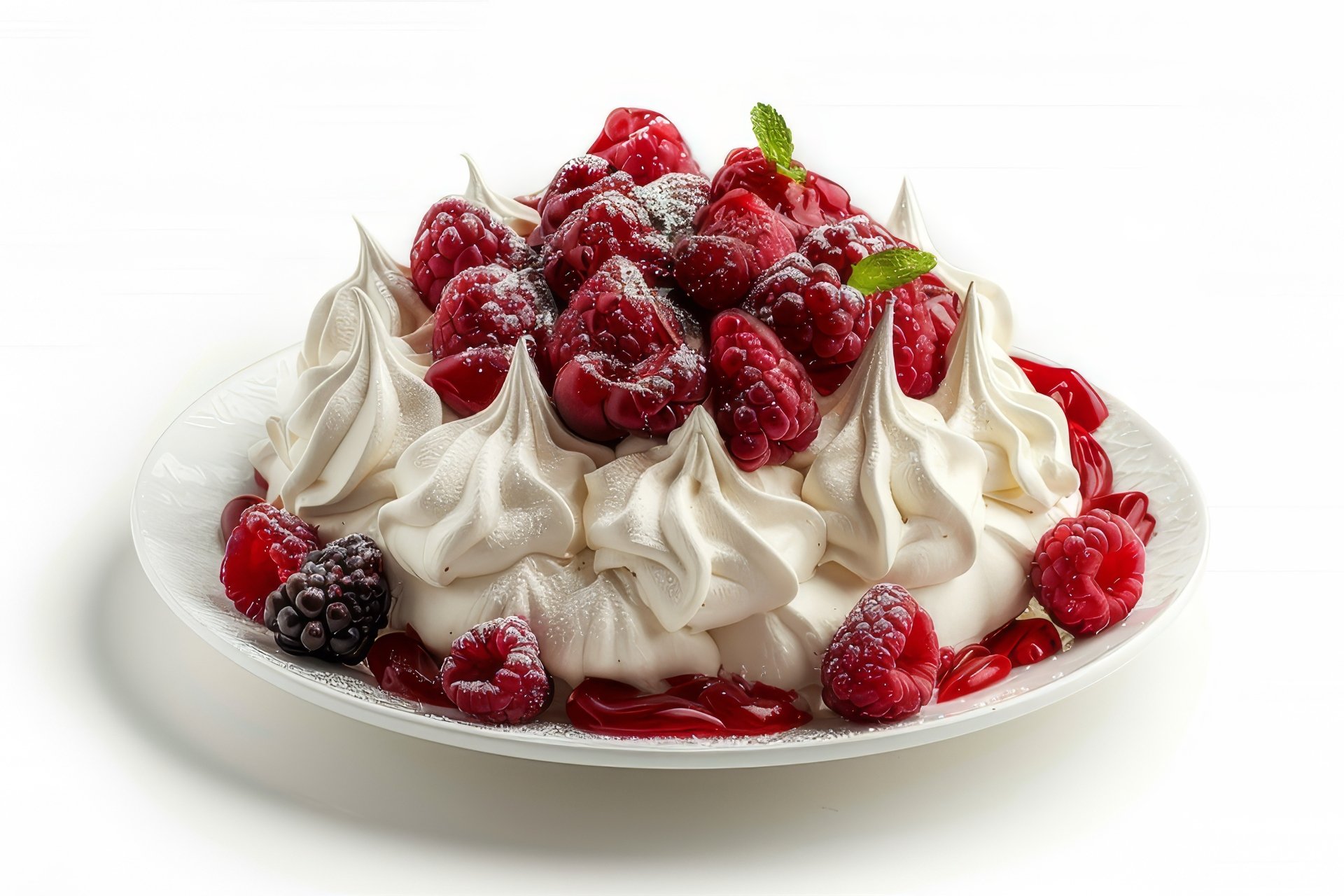 Raspberry vacherin on white plate and white background