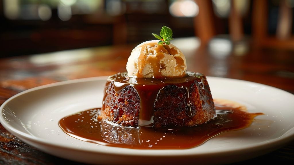 Sticky toffee pudding topped with warm toffee sauce and a scoop of vanilla ice cream.