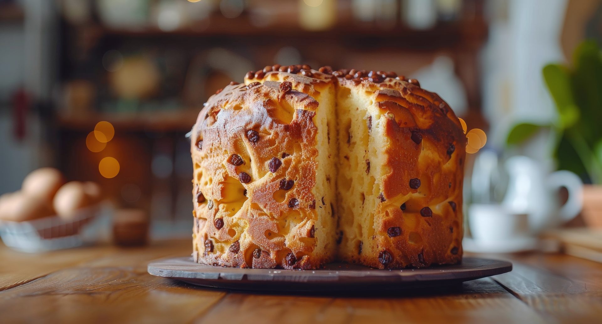 A freshly baked panettone cake with a slice removed sits on a silver cake stand, surrounded by other baked goods and a rustic background.