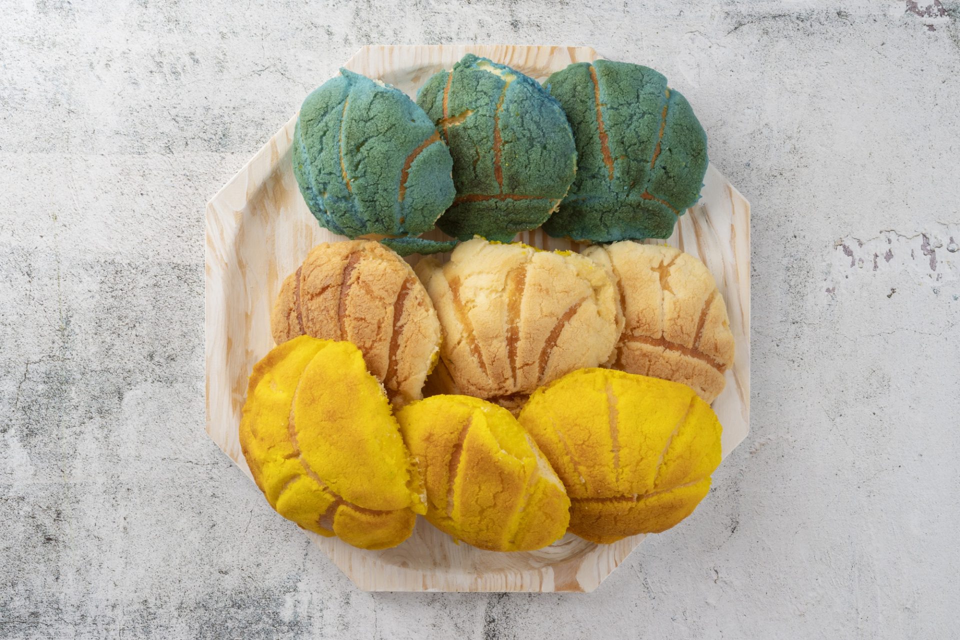 Melon pan 3 colours on a plate