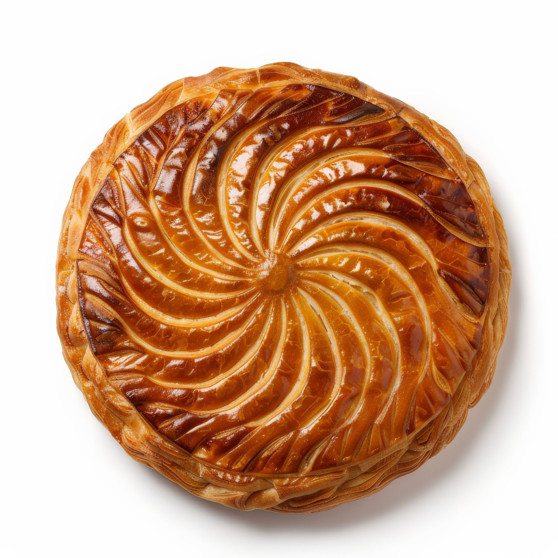 A freshly baked Pithivier pastry, its golden crust gleaming under studio lights