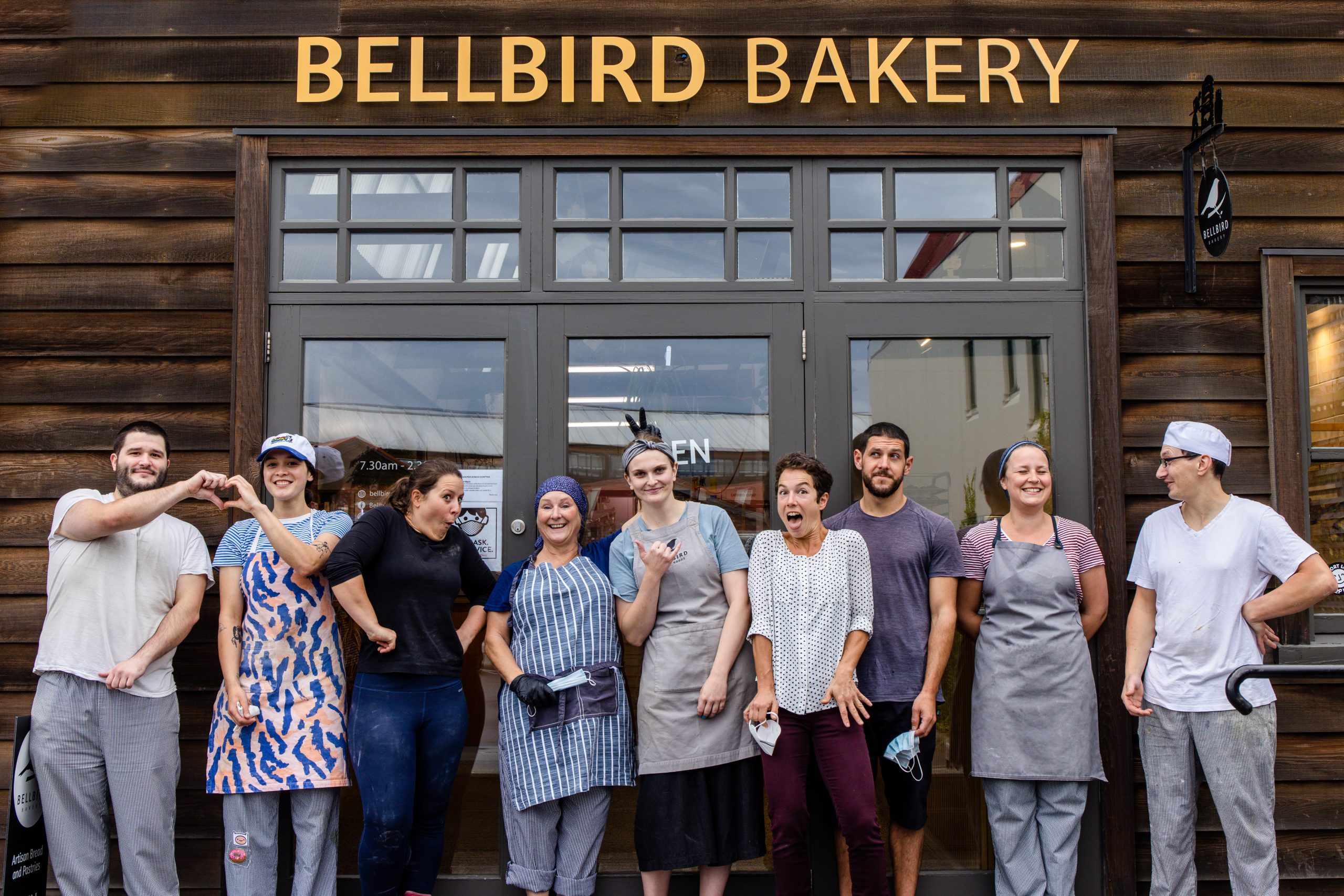 Contact us Bellbird team being crazy in front of the Tannery shop