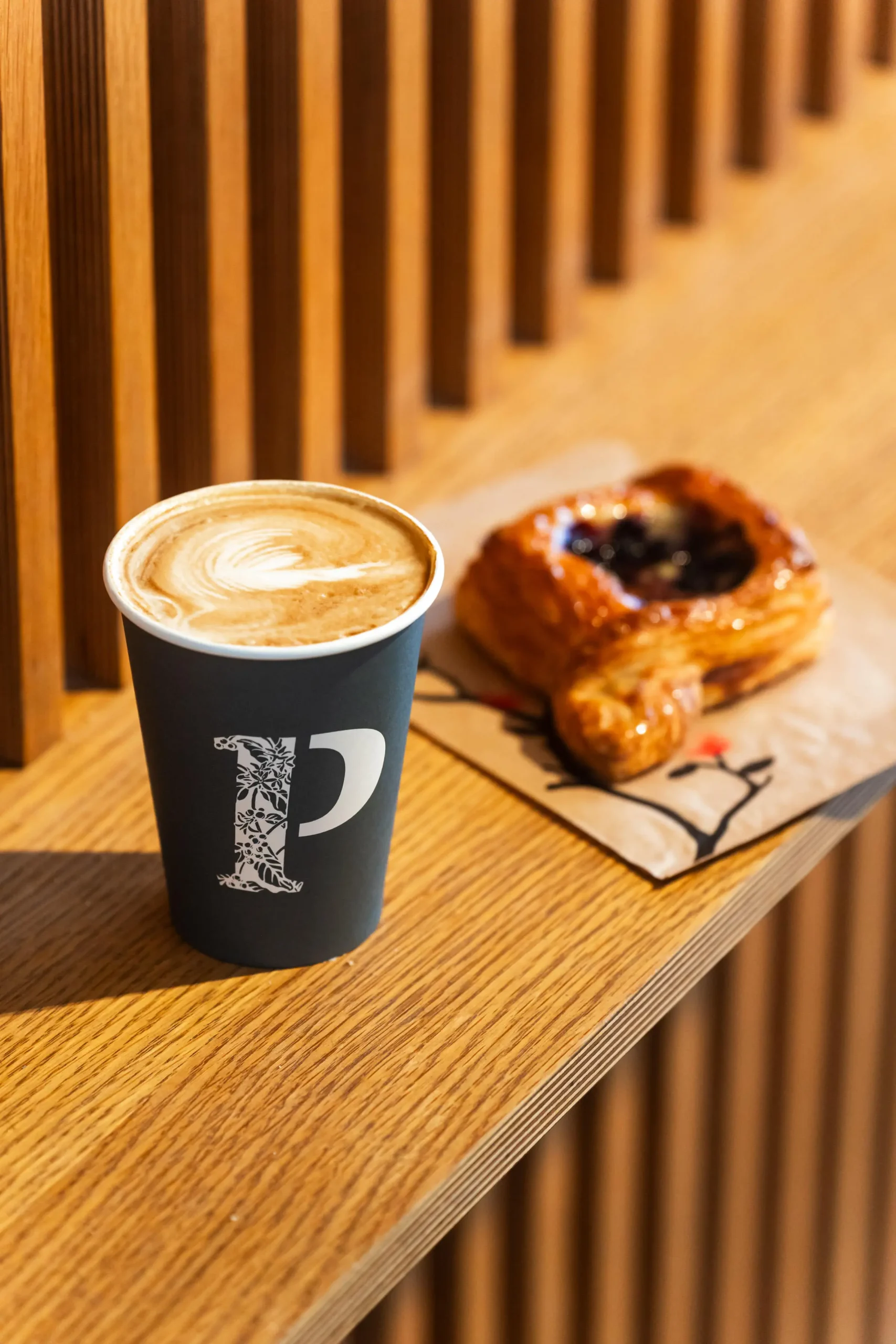 Flat White Coffee with Blueberry Danish