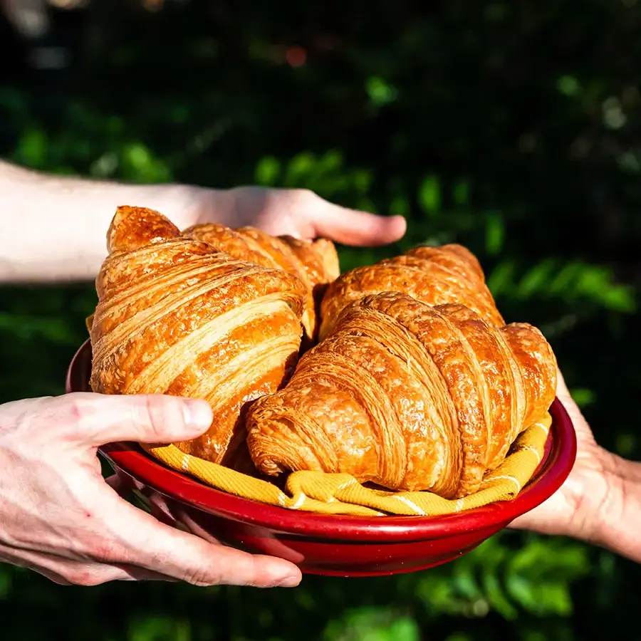 Croissants held in hand being passed infront of bush