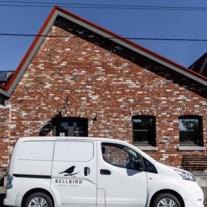 Bellbird delivery van in front of the Tannery Christchurch