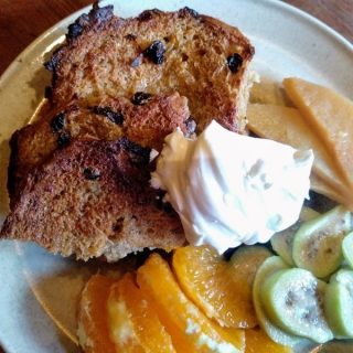 Hot cross bun and butter pudding with fruit, recipe from Bellbird Bakery